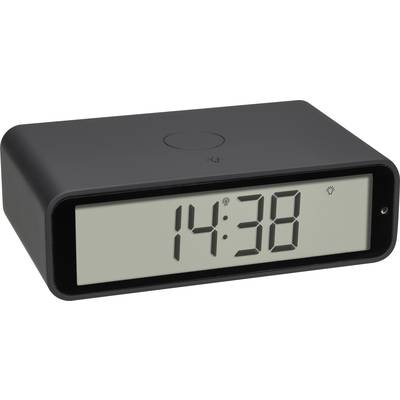 Zwarte digitale wekker toont de tijd '14:38' op een groot display.