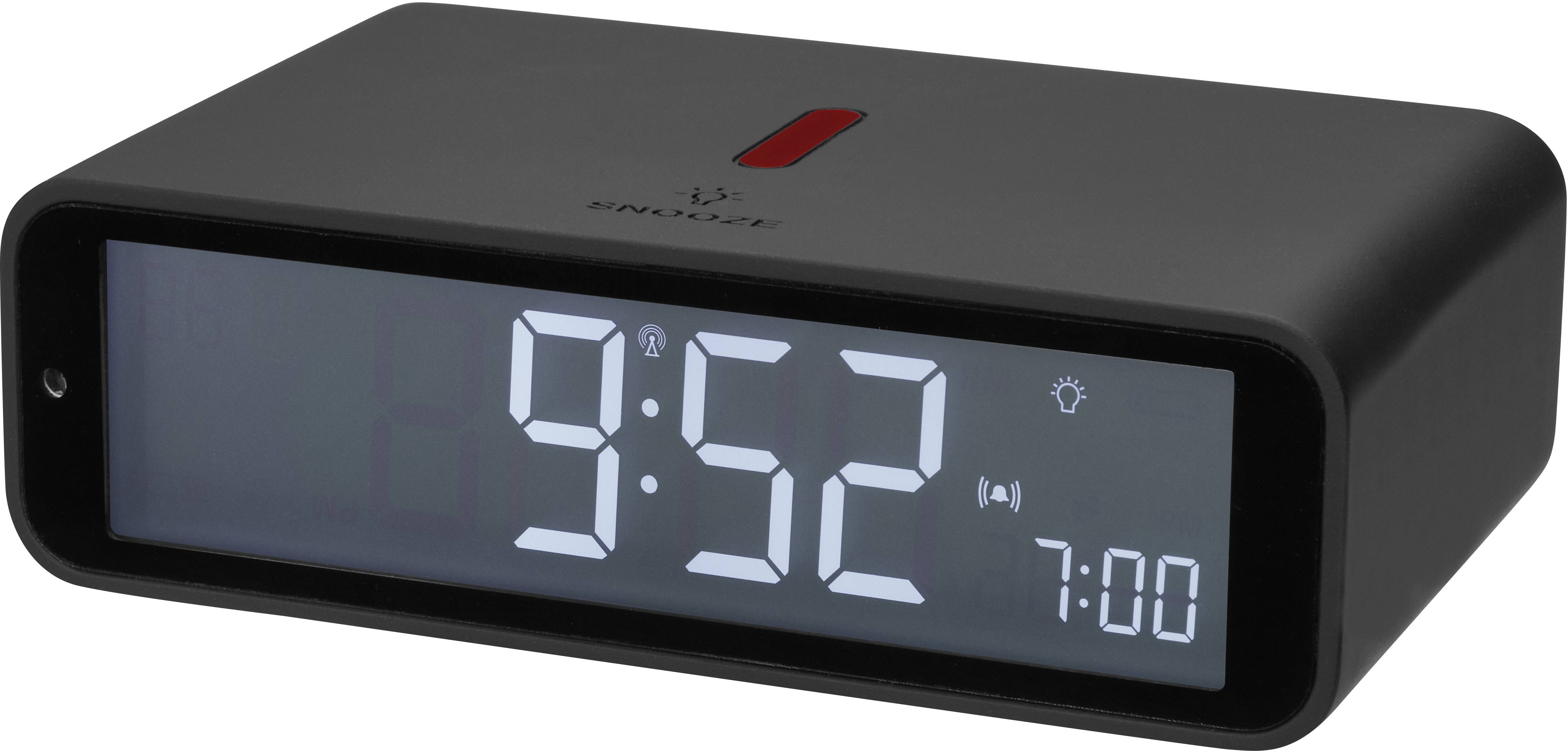 Zwarte digitale wekker toont 9:52 uur, met een weksymbool en de ingestelde alarmtijd van 7:00 uur.