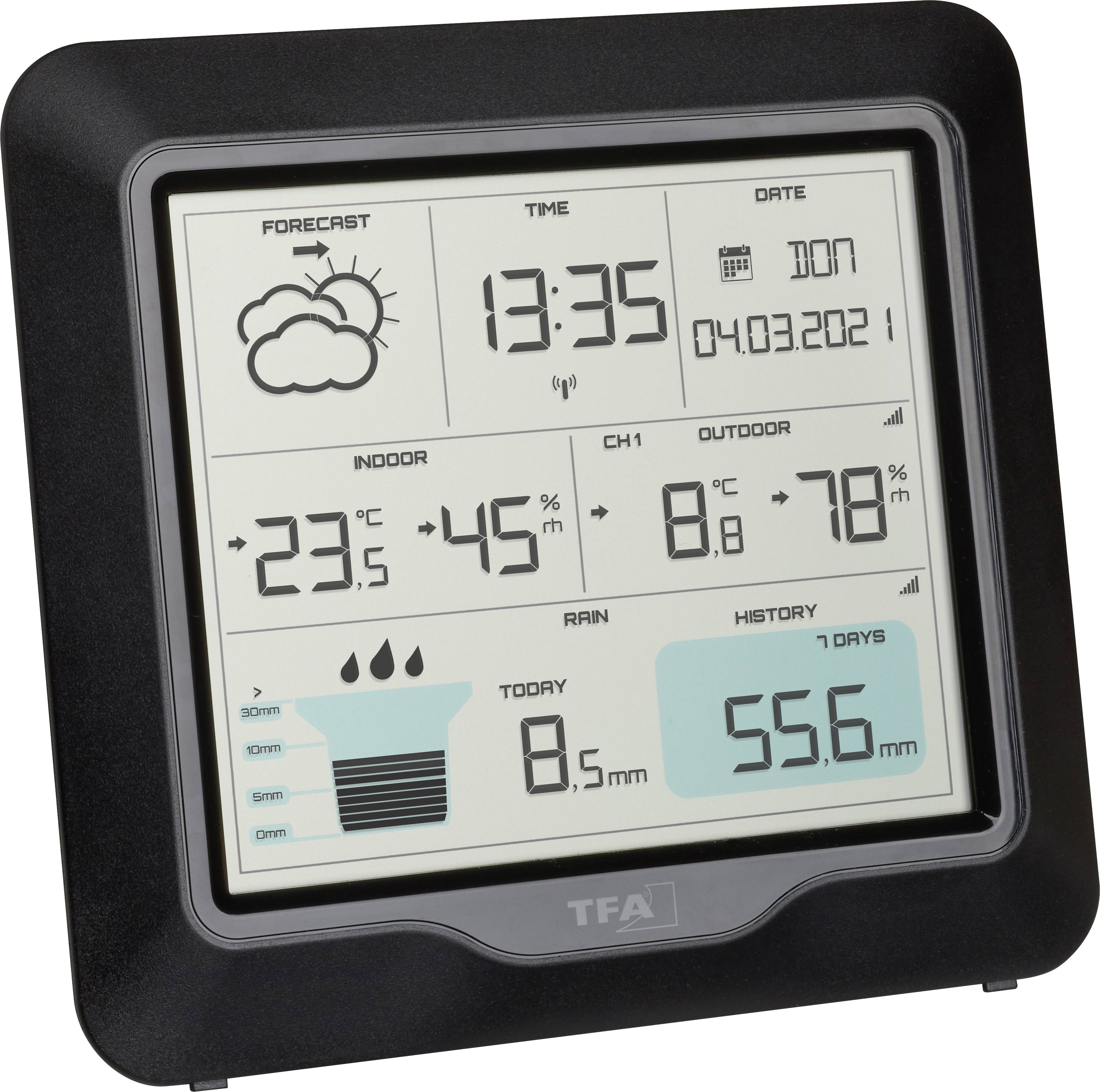 Elektronische weerstation met weergave: Tijd 13:35, datum 04-03-2021, binnen- en buitentemperatuur, weersverwachting, hoeveelheid neerslag.
