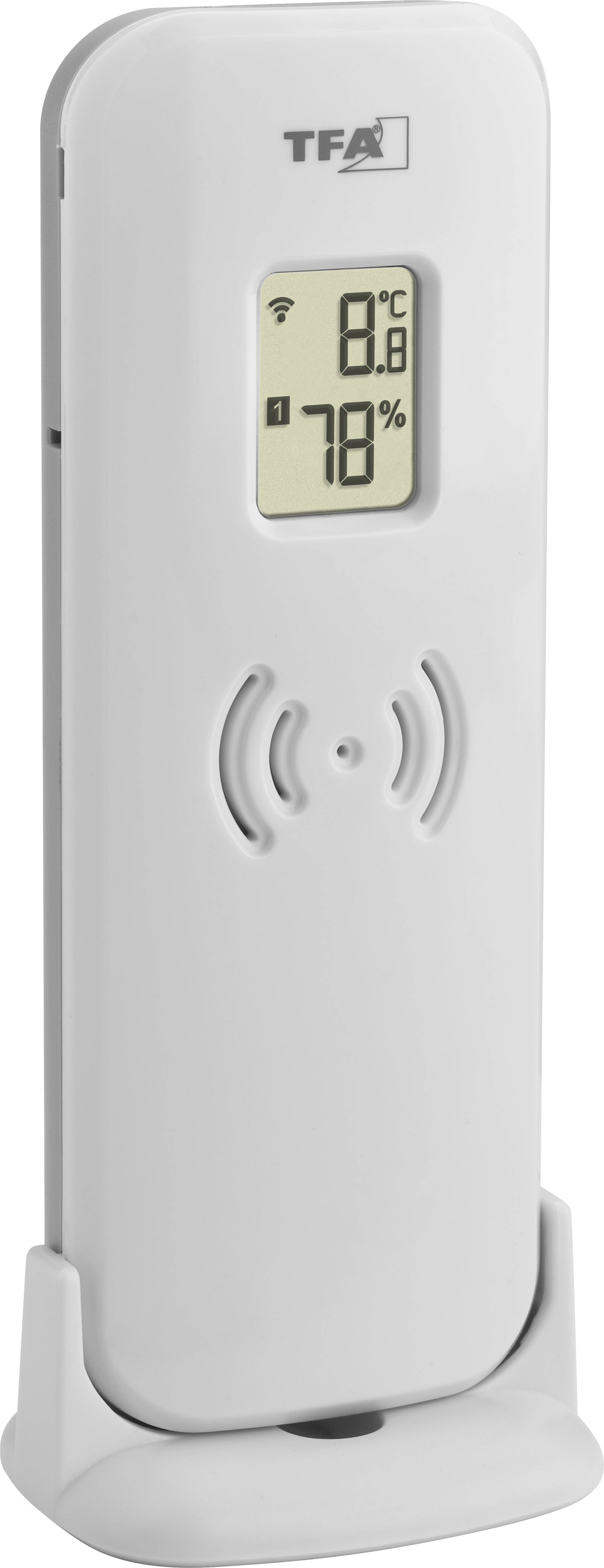 Een witte digitale thermo-hygrometer toont '8°C' temperatuur en '78%' luchtvochtigheid op een klein display.