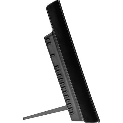 Zijaanzicht van een zwart, rechthoekig apparaat met steunvoet, mogelijk een monitor of beeldscherm.