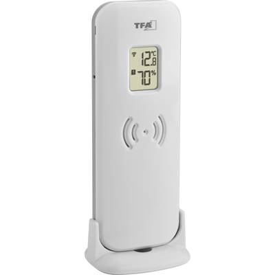Witte digitale temperatuur- en vochtigheidssensor met displayweergave. Temperatuur: 12,8°C, Luchtvochtigheid: 70%.