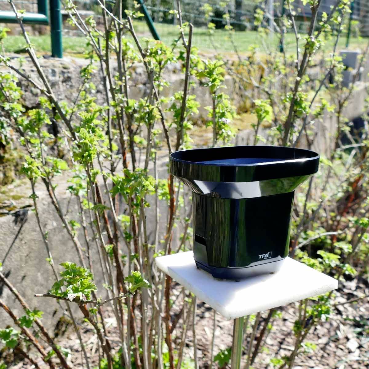 Een zwarte regenmeter staat op een witte tafel buiten, omringd door groene planten.