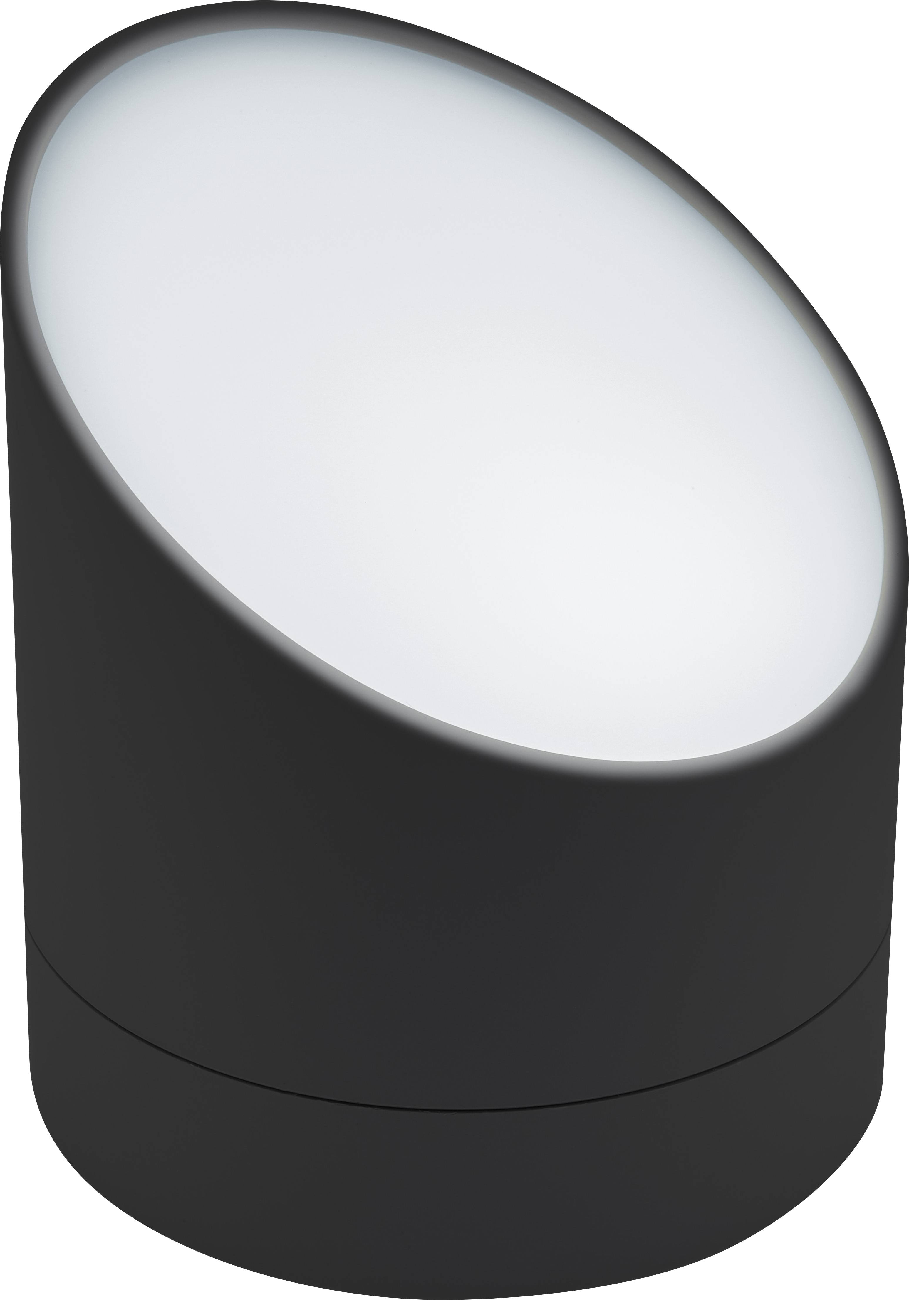 Een schuin geplaatste, cilindrische zwarte lamparmatuur met een gladde, witte oppervlakte bovenaan.