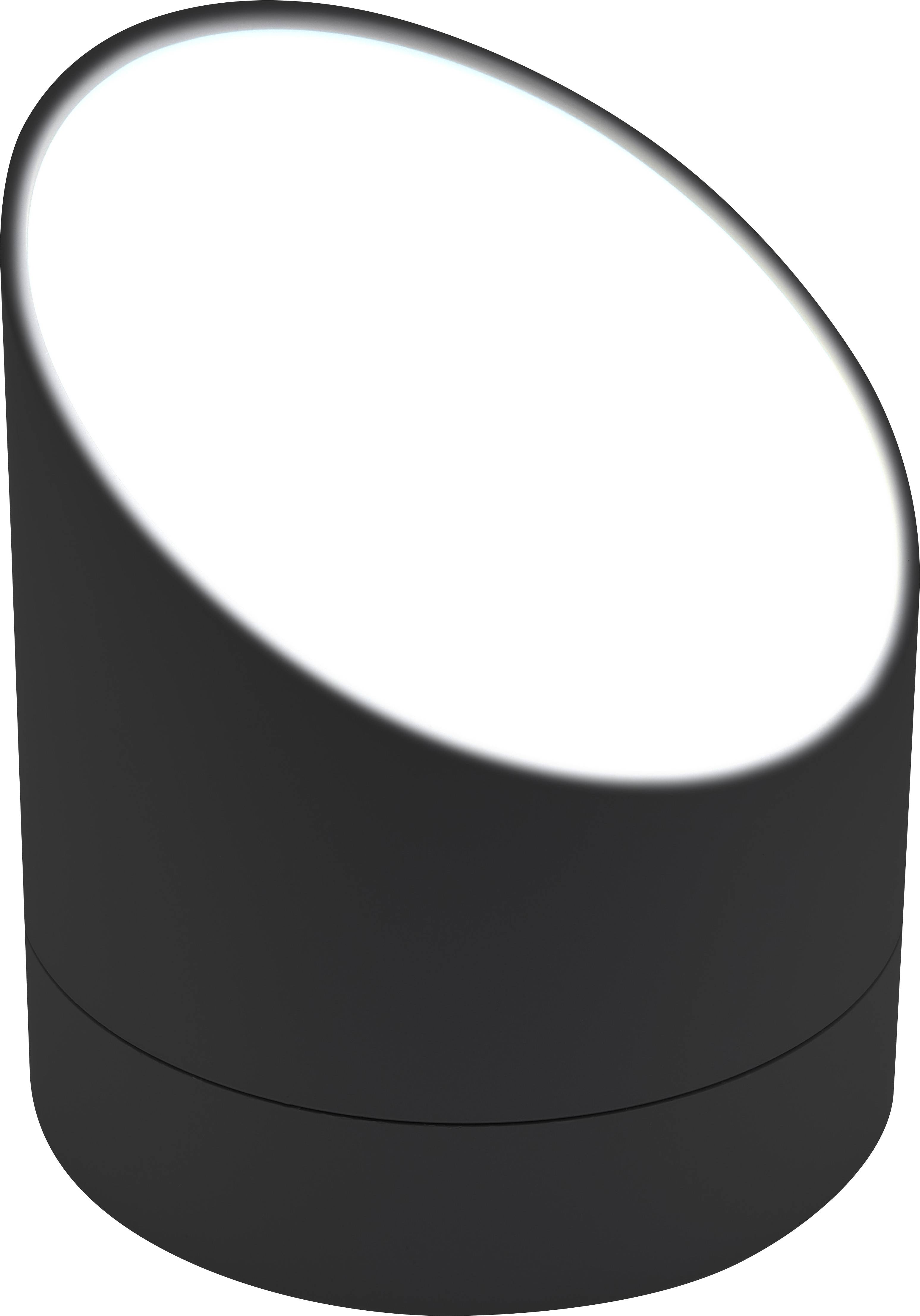 Een cilindrisch, schuin afgesneden object dat eruitziet als een spotlightlicht. Het oppervlak is mat zwart.