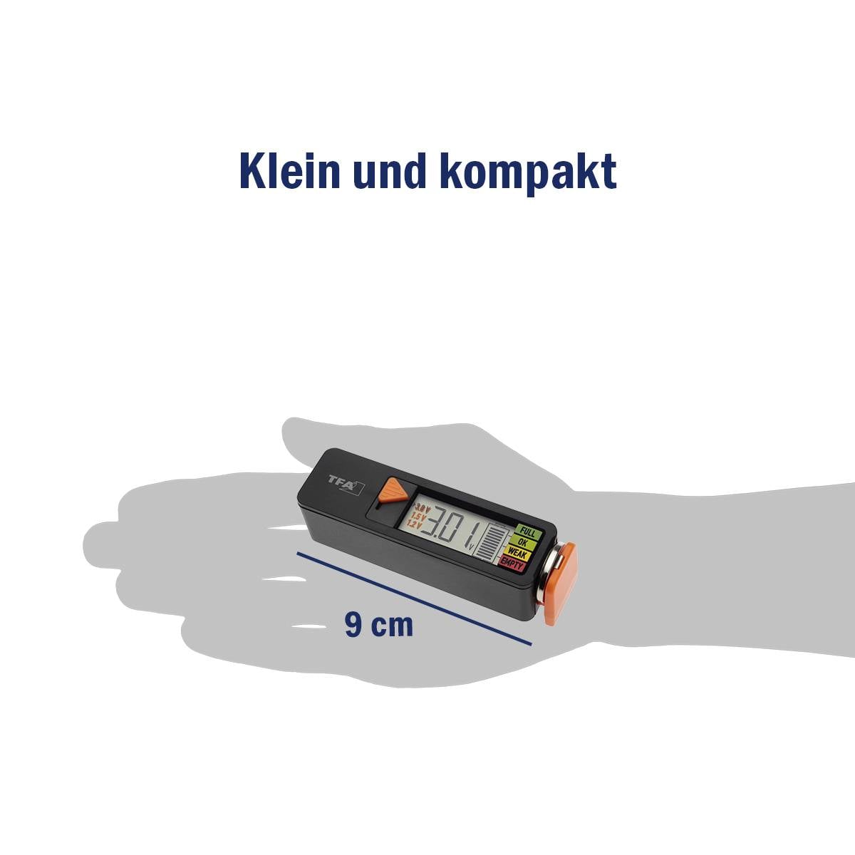 Een digitale thermometer rust op een hand. Het display toont '30.1°C'. Tekst bovenaan: 'Klein en compact'. Afmeting: 9 cm.