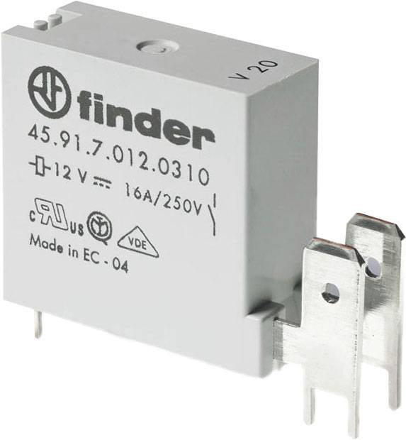 Rechthoekig relais met opschrift 'Finder 45.91.7.012.0310', 12V, 16A/250V, Made in EC. Zilveren metalen aansluitingen zijn zichtbaar.