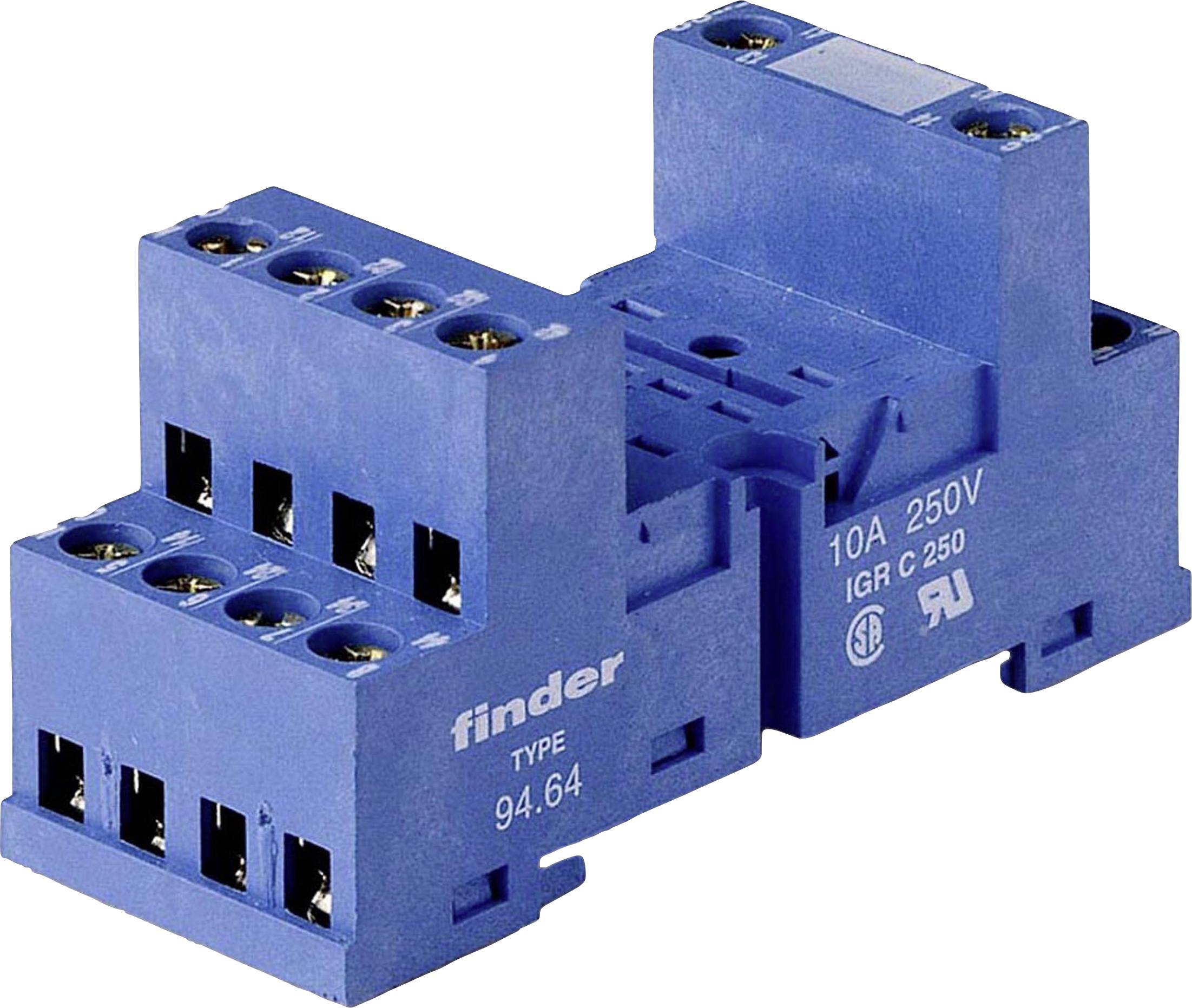 Een blauw relais-voetmodule met meerdere aansluitingen en elektrische aansluitklemmen. Opschrift: 'Finder Type 94.64 10A 250V'.