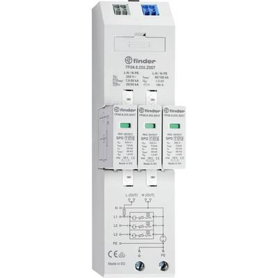 Overspanningsbeveiligingsapparaat met meerdere ingangen en uitgangen, groene LED's tonen bedrijfsstatus, technische specificaties en diagram op de voorkant.
