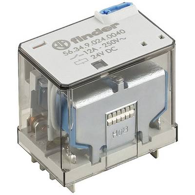 Een vierkant relais met transparante afdekking toont zijn interne mechanismen. Het is ontworpen voor 12A, 24V DC.