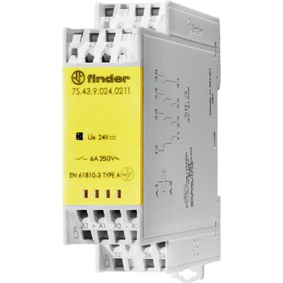 Een Finder-relais met opdruk '7S.43.9.024.0211', geschikt voor 24V en 250V~ bij 6A, type A conform EN 61810-3.