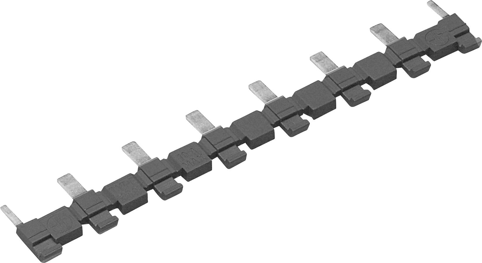 Een zwarte elektrische verdeelrail met negen metalen aansluitpunten, gerangschikt in een lijn. Gebruikt voor elektronische verbindingen.