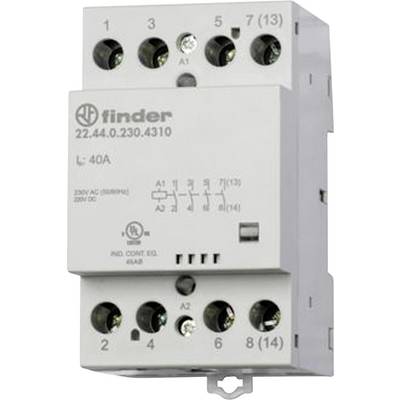Een elektrisch relais van Finder, modelcode 22.44.0.230.4310, voor 40A bij 230V AC. Het toont aansluitklemmen en technische details.