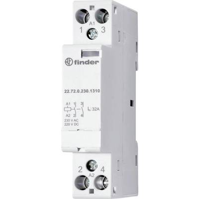 Een wit relais van het merk 'finder' met specificaties: 230 V AC, 220 V DC, 32A. Beschikt over aansluitingen 1-4 en A1-A2.