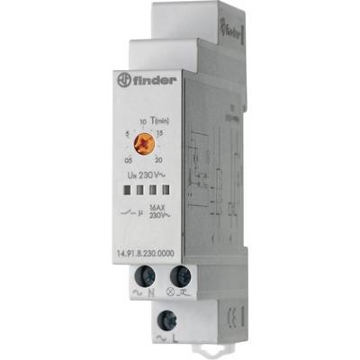 Een grijs elektrisch schakeltoestel van het merk Finder met een diagram en instellingen voor tijd en spanning, gemonteerd op een DIN-rail.