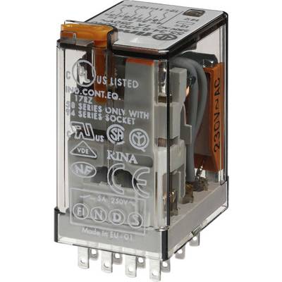 Industrieel beschermingsrelais in transparente behuizing met keurmerk en specificaties. Spanning: 230V AC, Serie-F sticker zichtbaar.