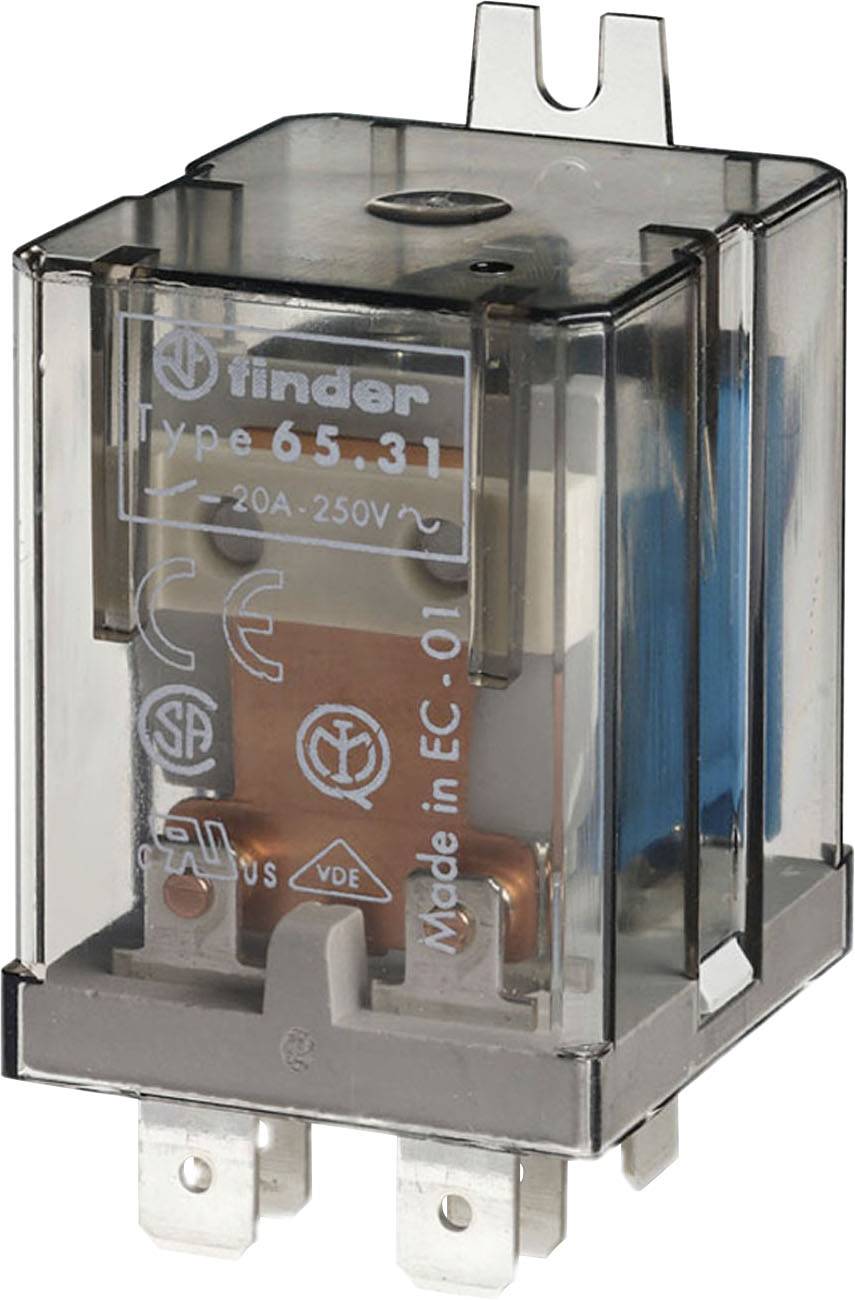 Een transparante relais met metalen en kunststof onderdelen. Opschrift: 'Finder Type 65.31, 20A, 250V'. Geschikt voor elektrische schakelingen.