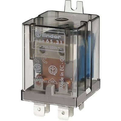 Een transparante relais met metalen en kunststof onderdelen. Opschrift: 'Finder Type 65.31, 20A, 250V'. Geschikt voor elektrische schakelingen.