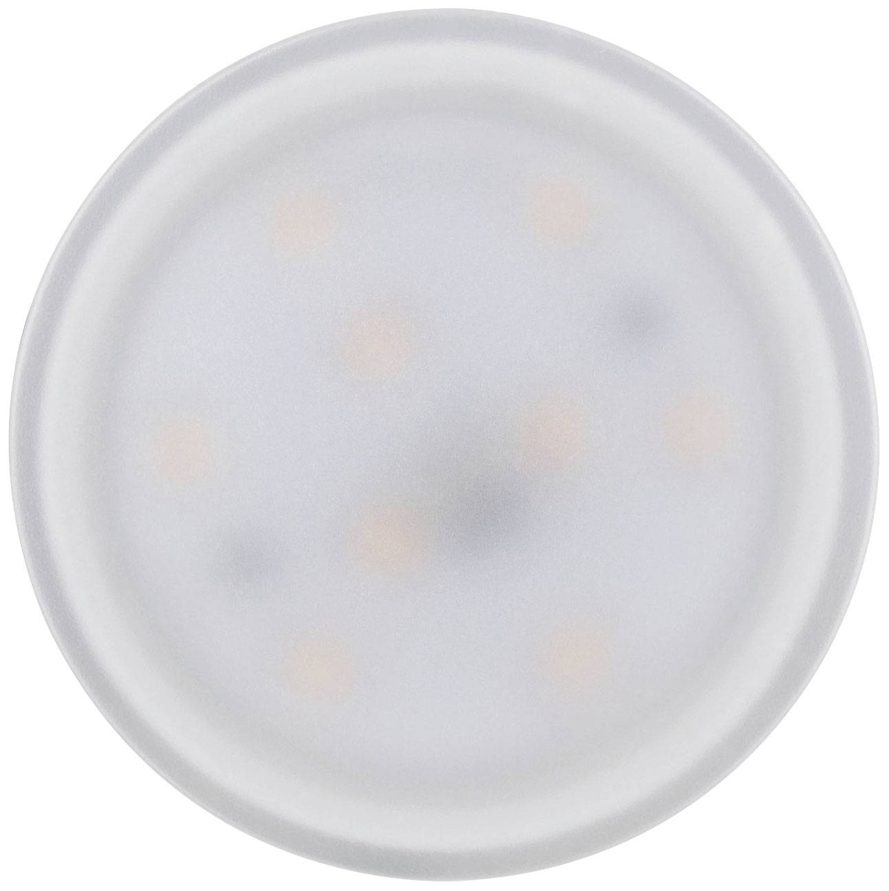 Een ronde, witte LED-lamp met licht zichtbare lichtpunten in het midden, wat wijst op een gelijkmatige lichtuitstraling.