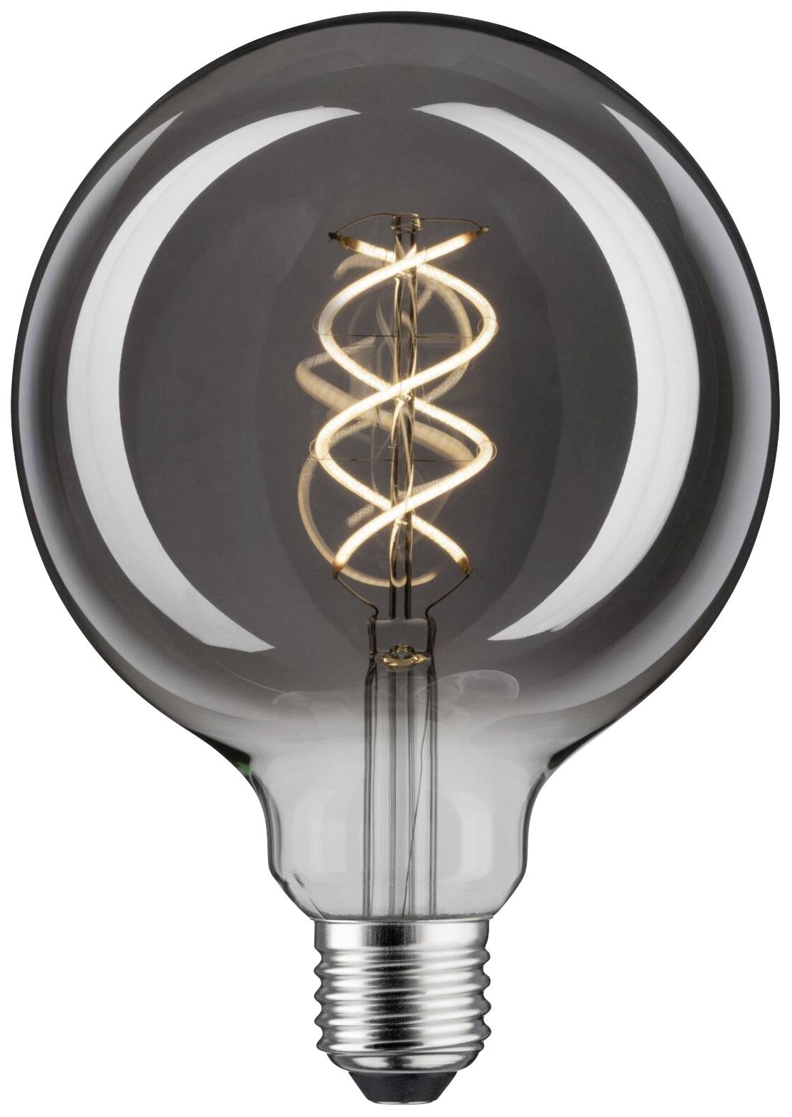 Een gloeilamp met een zichtbare, lichtgevende gloeidraad in een spiraalvormig patroon in een transparante glazen bol.