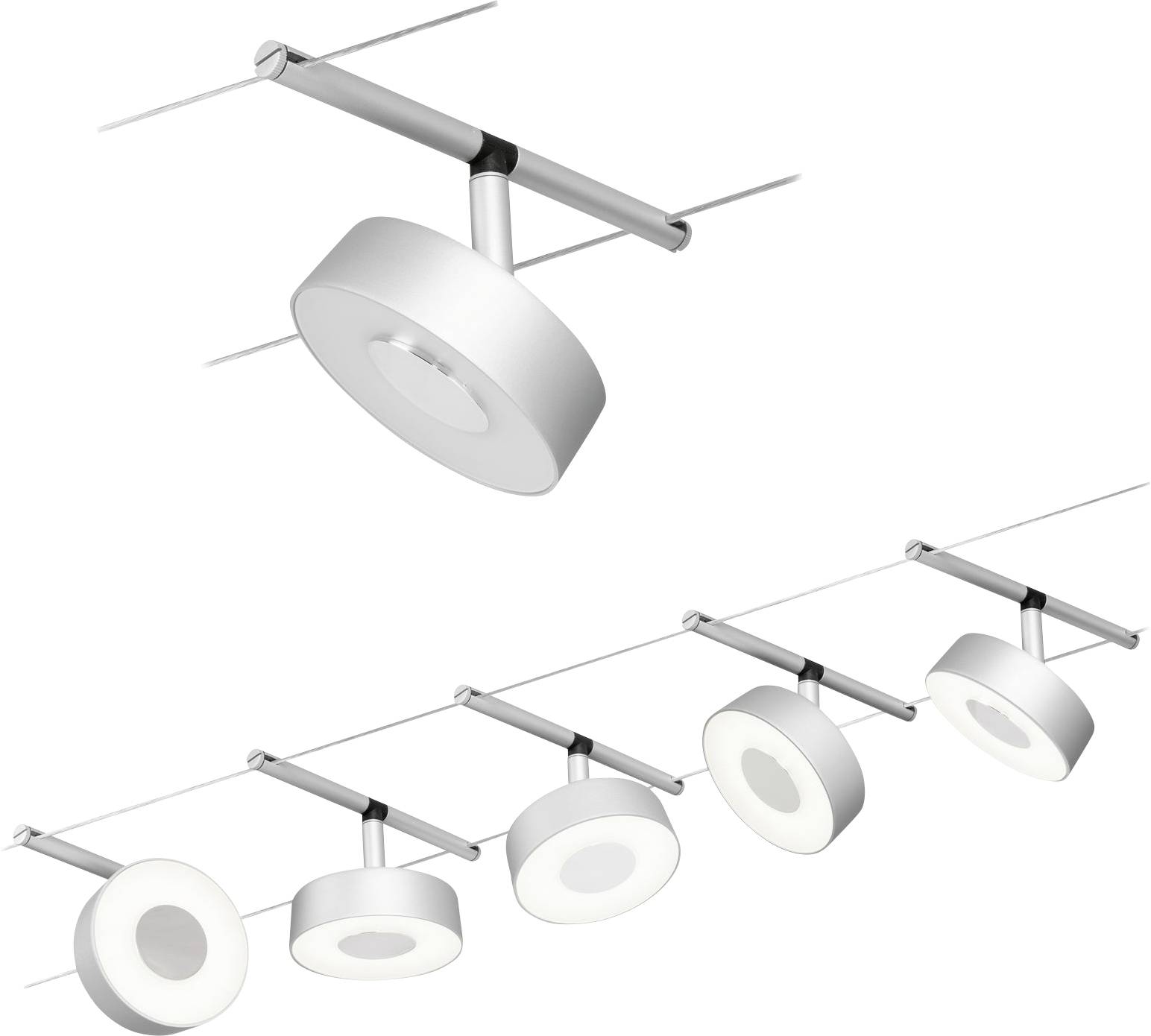 Een rij van vijf witte, moderne plafondlampen in een zwevende configuratie, die een sobere en elegante verlichtingsoptie illustreren.