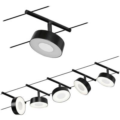 Een rij van vijf moderne, zwarte plafondlampen met ronde, witte lichtoppervlakken, gemonteerd op een railsysteem.