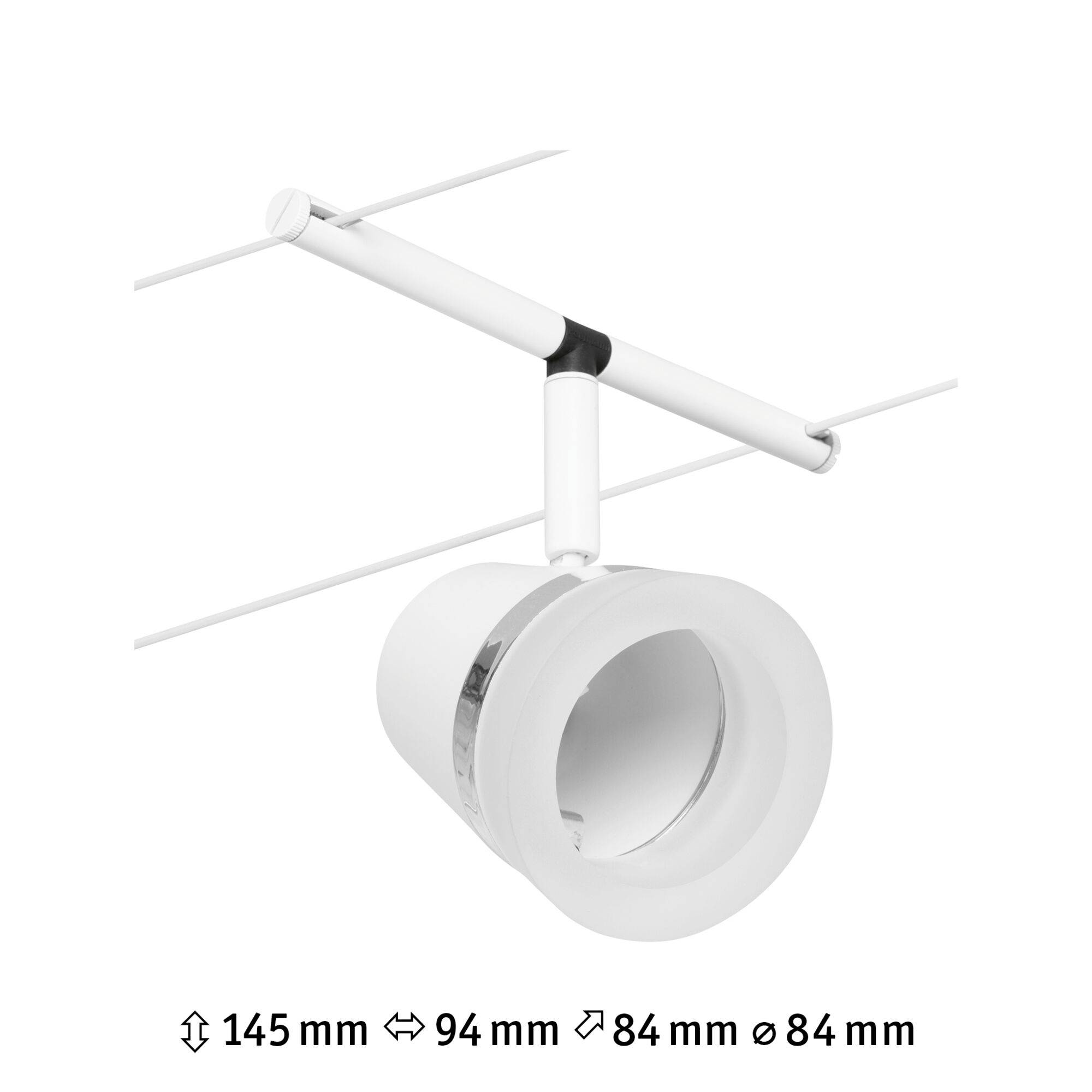Een witte plafondlamp met verstelbaar gewricht, met afmetingen van 145 mm hoog, 94 mm breed en een diameter van 84 mm.