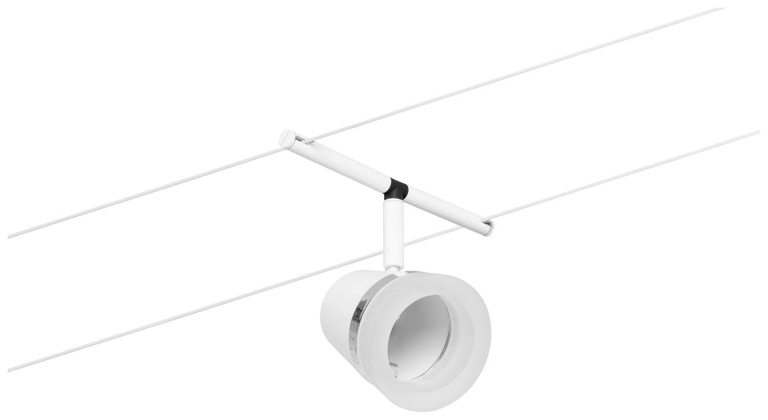 Een witte plafondspotlight die aan twee parallel lopende kabels is bevestigd en wordt gebruikt voor verlichting.