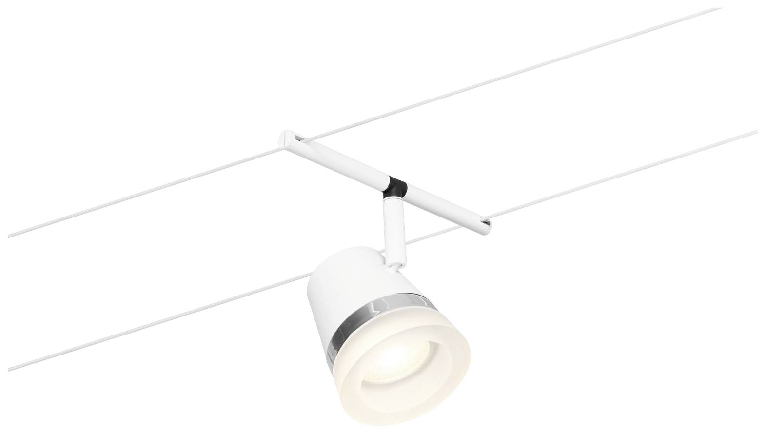 Witte railverlichting met een ronde kop, gemonteerd op twee parallel lopende kabels, geschikt voor moderne binnenverlichting.