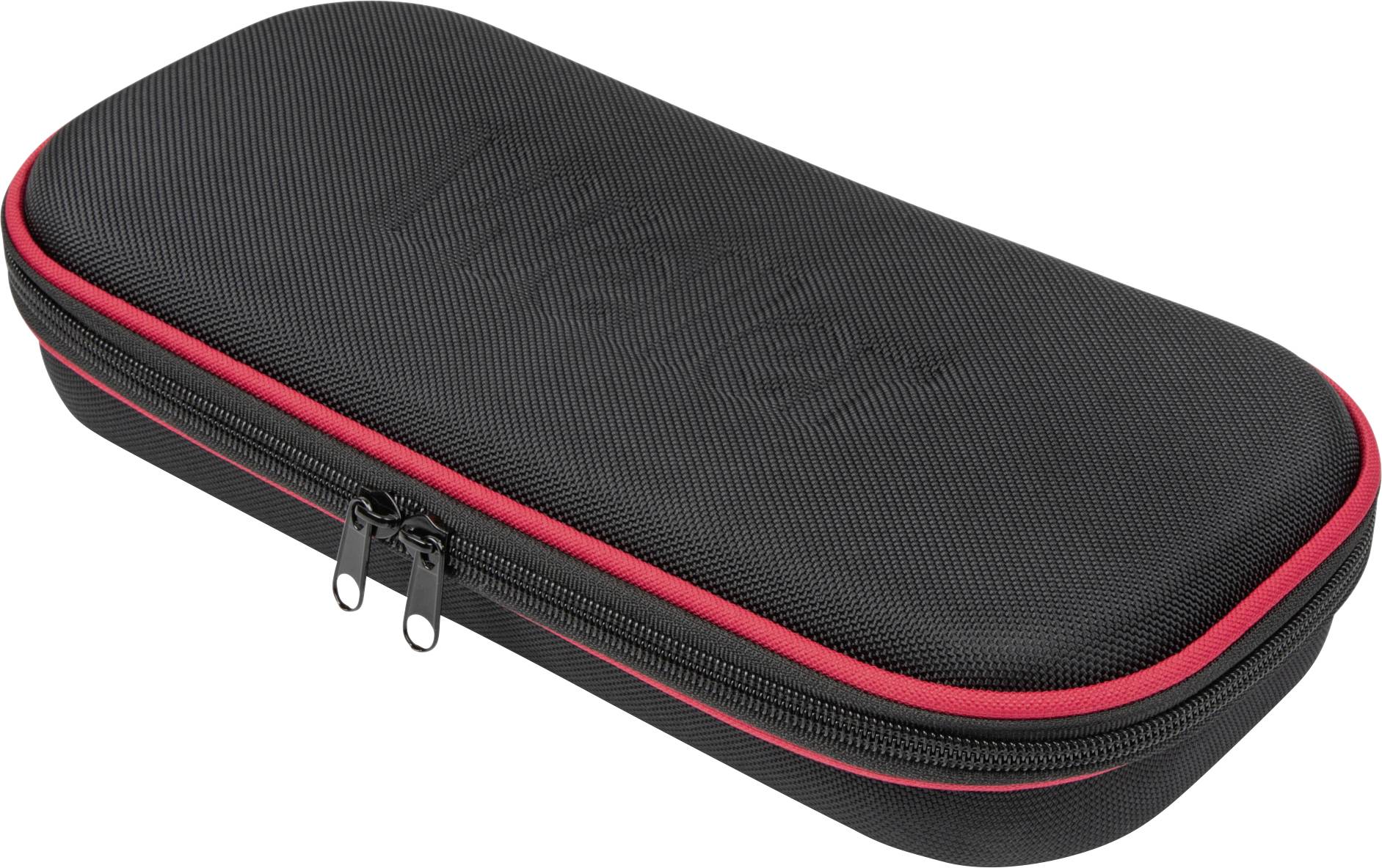Een rechthoekige, zwarte hardschalige etui met een rode rits, geschikt voor het opbergen van kleine elektronische apparaten.