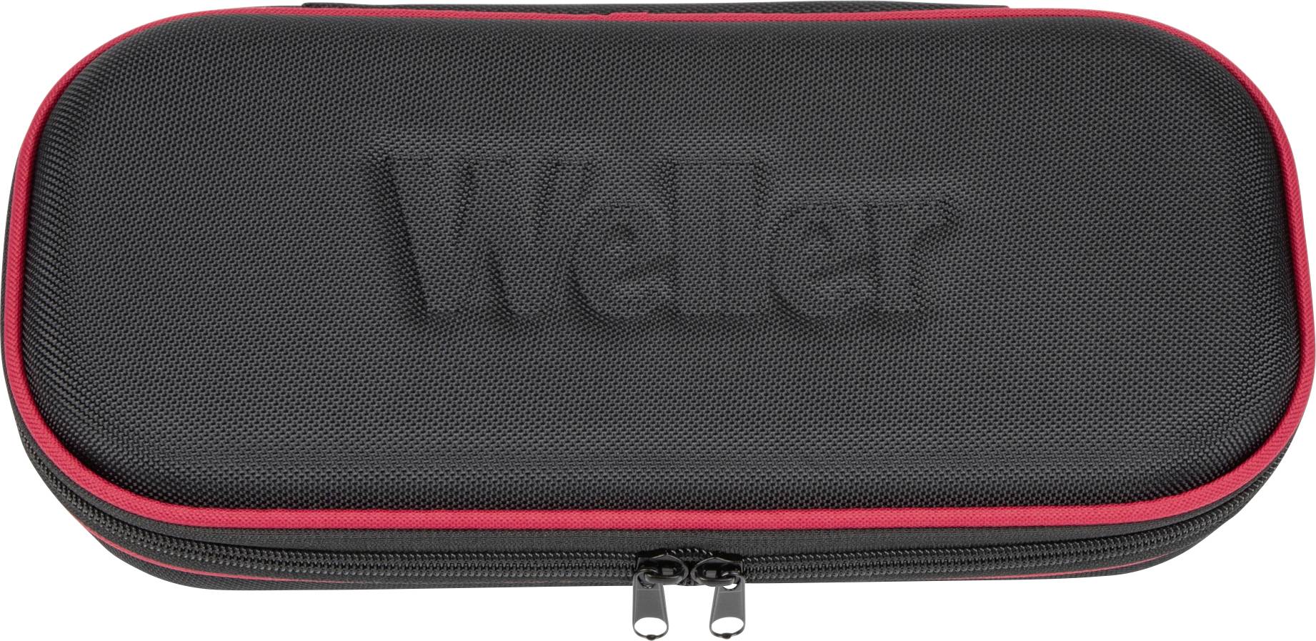 Zwart etui met rode rand en rits, bedrukt met de naam 'Weller' op de bovenkant.