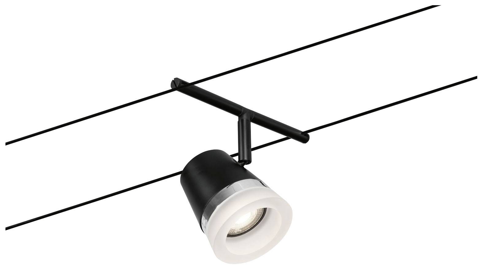 Een zwarte railverlichting met een rond, wit lampenkap is bevestigd aan twee parallel lopende draden.