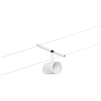 Een minimalistische witte plafondlamp die is gemonteerd op twee dunne metalen stangen, met een cilindrische lampenkap.