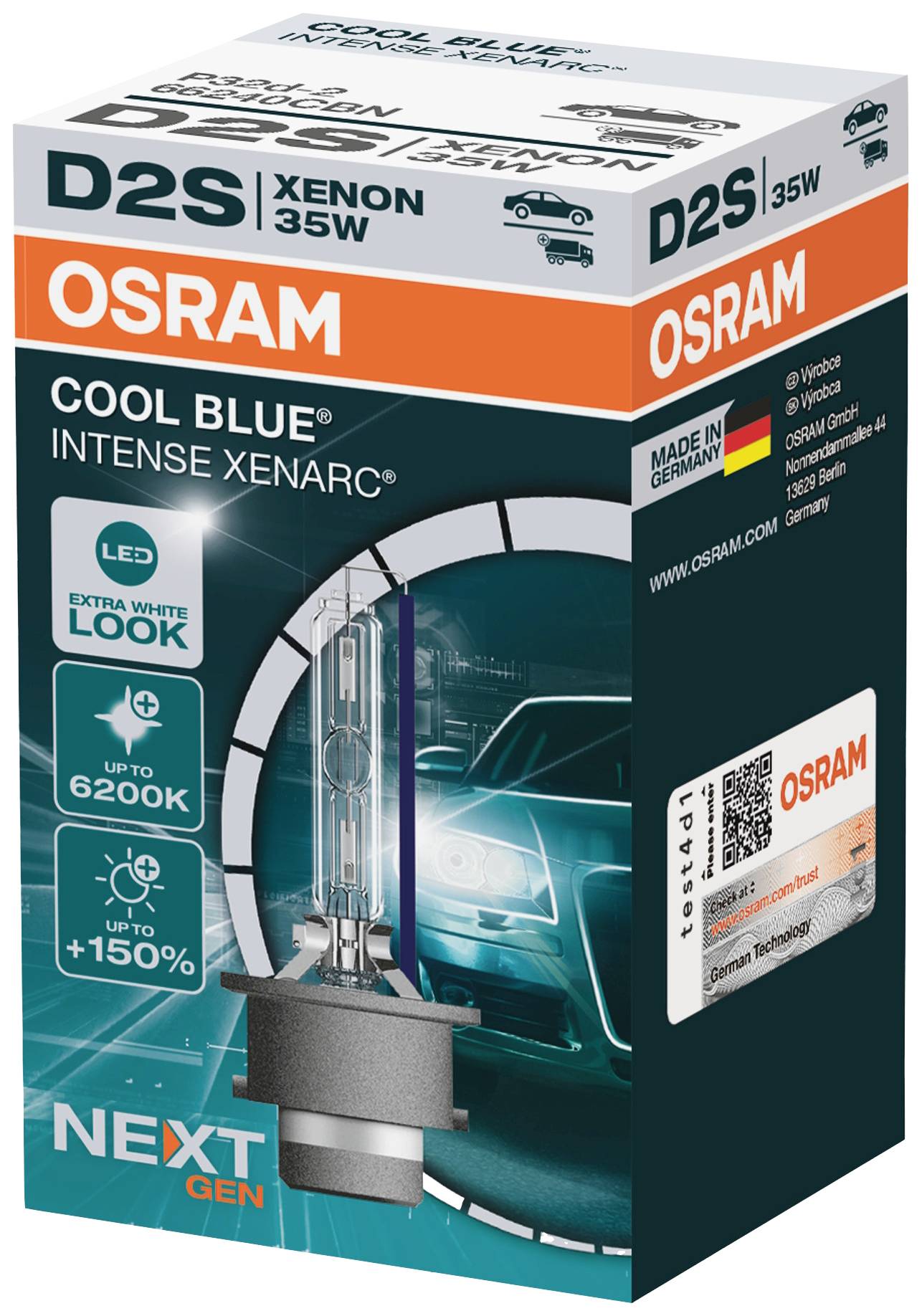 Kartonverpakking van een Xenon-autolamp van het merk OSRAM, model 'Cool Blue Intense'. De lamp biedt tot 6200K en +150% helderheid. Achtergrond toont auto met brandende koplampen.