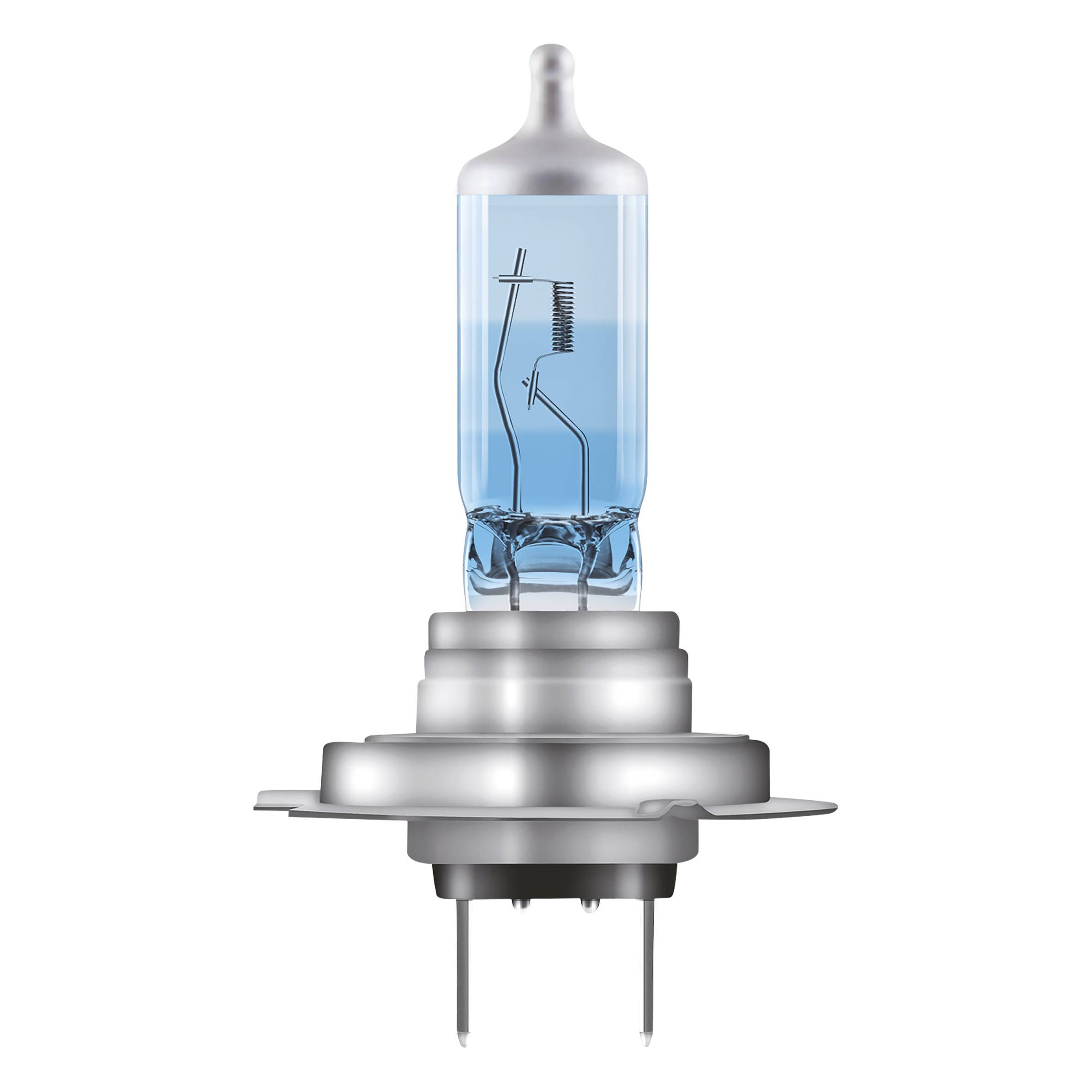Een halogeenlamp met een blauwe glazen ballon en metalen voet, op een witte achtergrond.