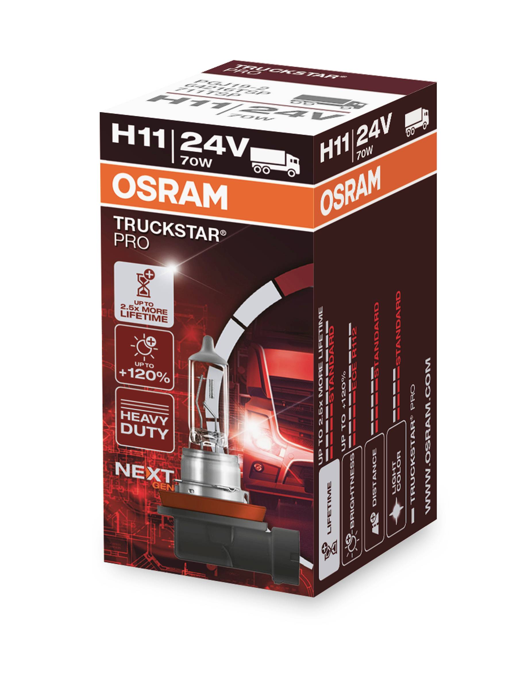 Verpakking van een OSRAM H11 24V 70W Truckstar Pro gloeilamp, toont lamp, vrachtwagen-afbeeldingen en prestatie-eigenschappen zoals lange levensduur.