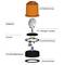 Ontploffingstekening van een bouwlamp toont: lichtafdekking, reflector, H1 halogeenlamp, fitting, rubberring, kunststof behuizing, rubberen voet.