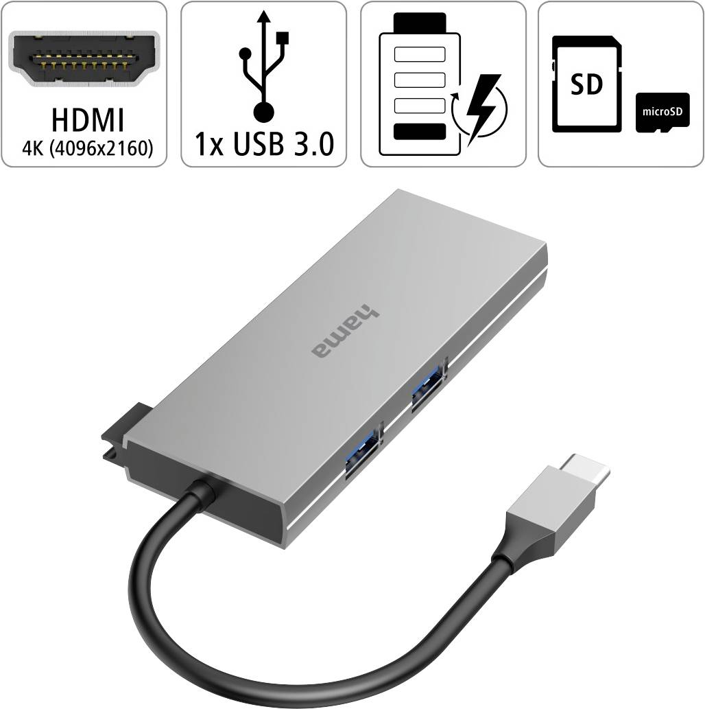 USB-C-hub van Hama met HDMI 4K, één USB 3.0-poort, kaartlezer voor SD en microSD. Ideaal voor flexibele aansluitingsmogelijkheden.