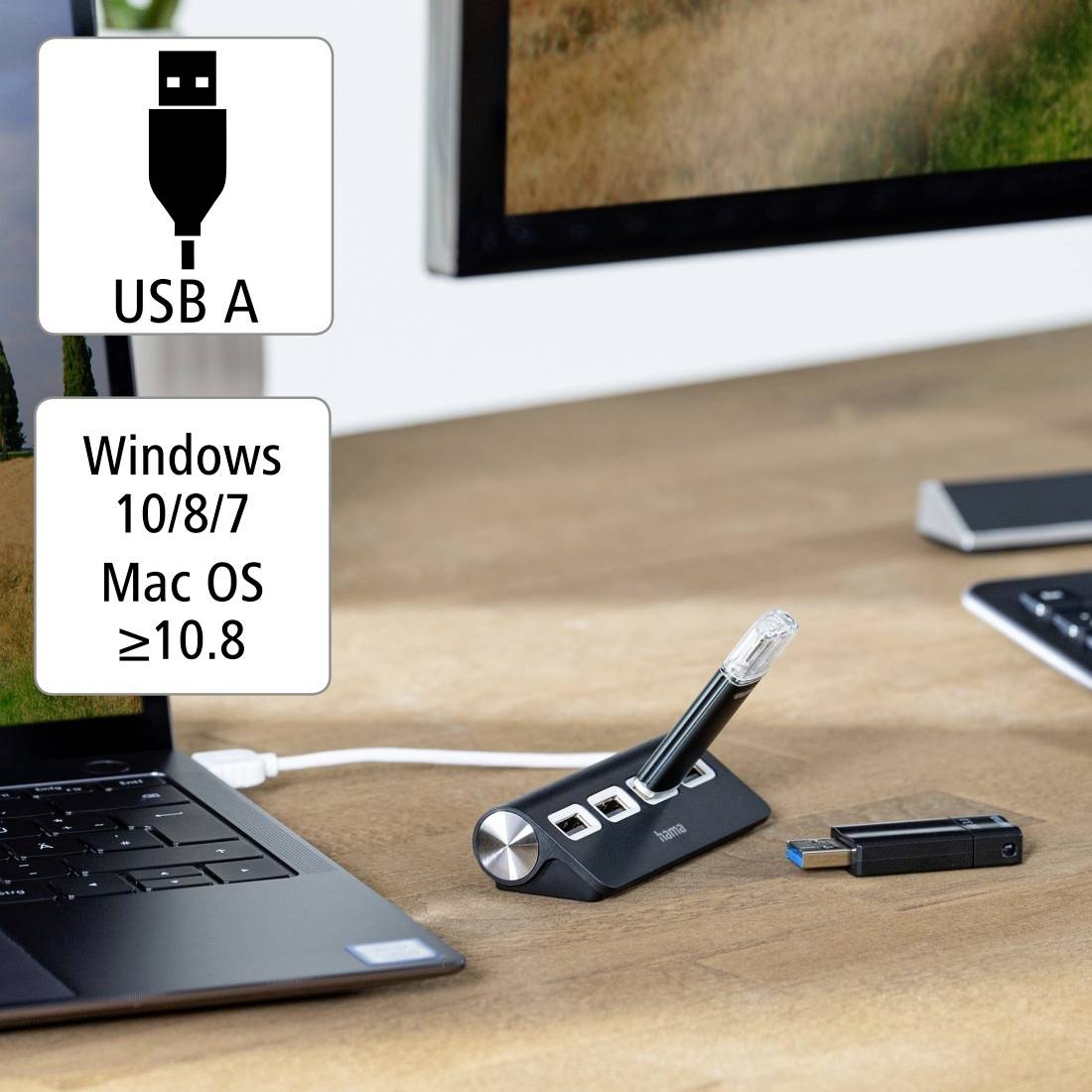 Computerworkspace met laptop, kabel-dockingstation en USB-stick. Compatibel met Windows 10/8/7 en Mac OS 10.8.
