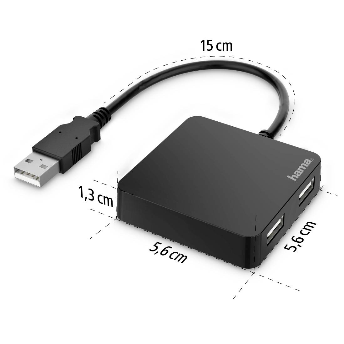 USB-hub met vier poorten in een vierkant, zwart ontwerp. Afmetingen: 15 cm kabel, 5,6 cm zijlengte, 1,3 cm hoog.