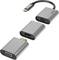 Een USB-C-adapter met drie verschillende aansluitingen: HDMI, VGA en een andere aansluiting. Voor het aansluiten van apparaten op schermen.
