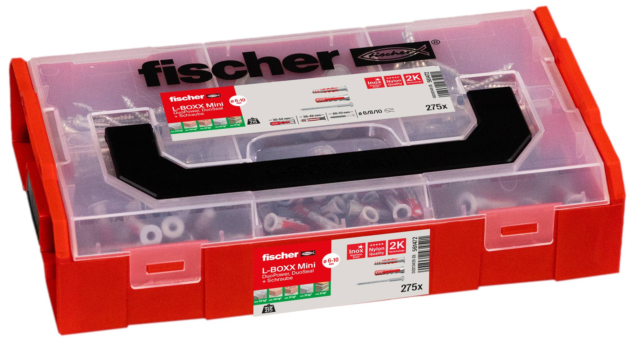 Rode kunststoffen Fischer L-BOXX Mini organizer koffer met een transparant deksel, zwart handvat en etiket met diverse bevestigingsmiddelen en 275 onderdelen.