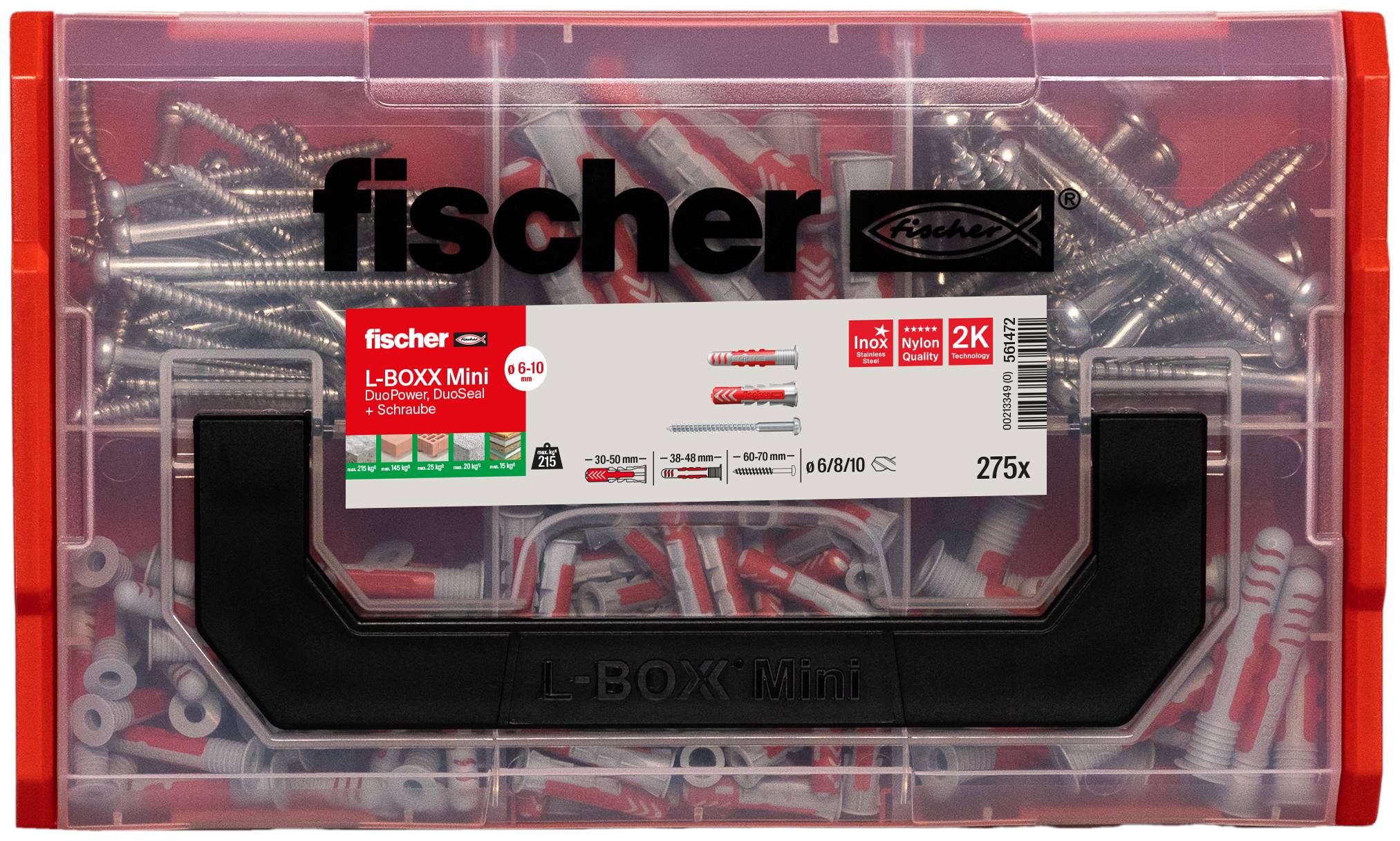 Opbergbox met Fischer-pluggen en schroeven, voorzien van opschrift: 'L-BOXX Mini'. Bevat 275 onderdelen, ideaal voor diverse bevestigingswerkzaamheden.