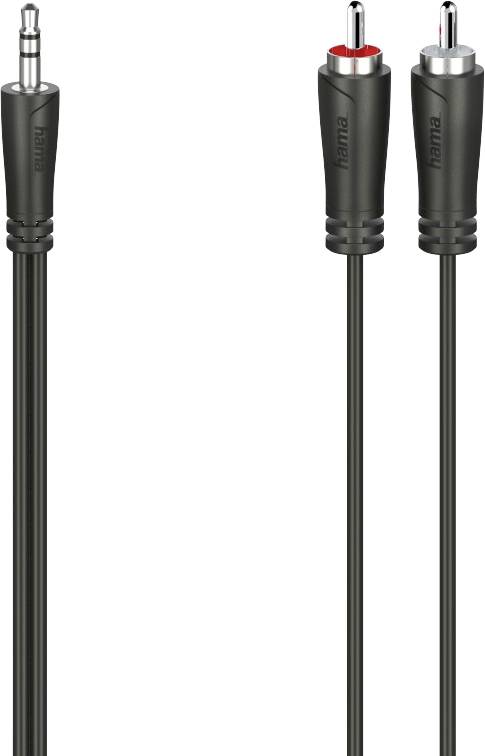 Zwart audiokabel met een 3,5-mm-jackplug aan de linkerkant en twee RCA-stekkers (rood en wit) aan de rechterkant.