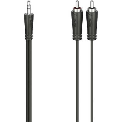 Zwart audiokabel met 3,5-mm-jackplug en twee cinch-stekkers, meestal gebruikt voor het verbinden van audiobronnen met luidsprekers.