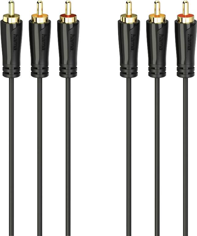 Drie zwarte cinch-audiokabels met rode en witte stekkers, geschikt voor het aansluiten van audio- of video-componenten.