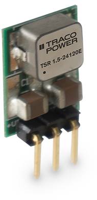 DC-DC-convertor van het merk Traco Power met modelnummer TSR 1.5-24120E. Hij beschikt over drie aansluitpinnen.