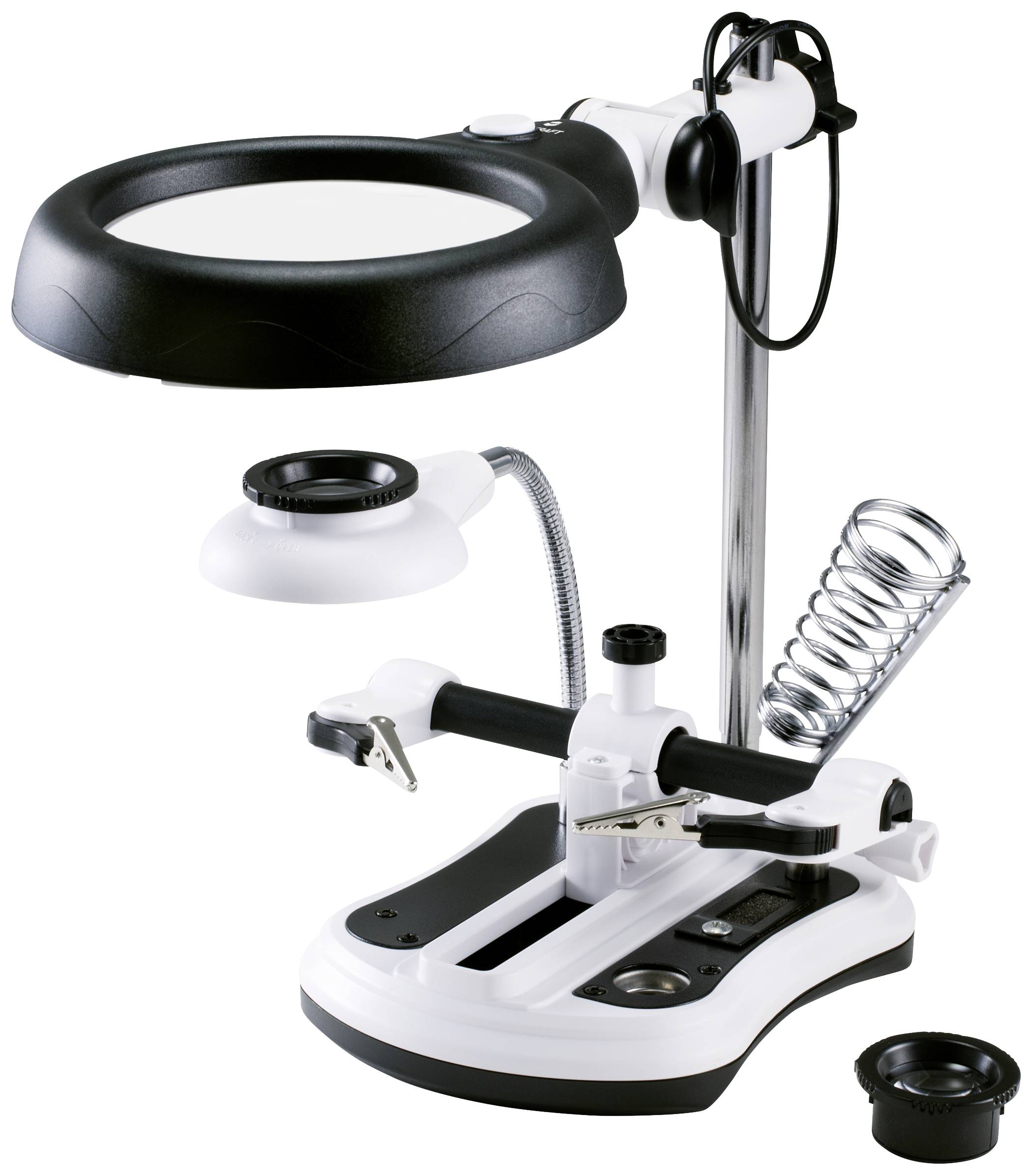 Loeplamp met flexibele arm, vergrotende lens en stabiele voet, ideaal voor nauwkeurige werkzaamheden of gedetailleerde observaties.