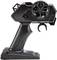 Zwarte controller voor RC-modellen, pistoolvormig, met groot stuurwiel rechts en trekker onderaan.