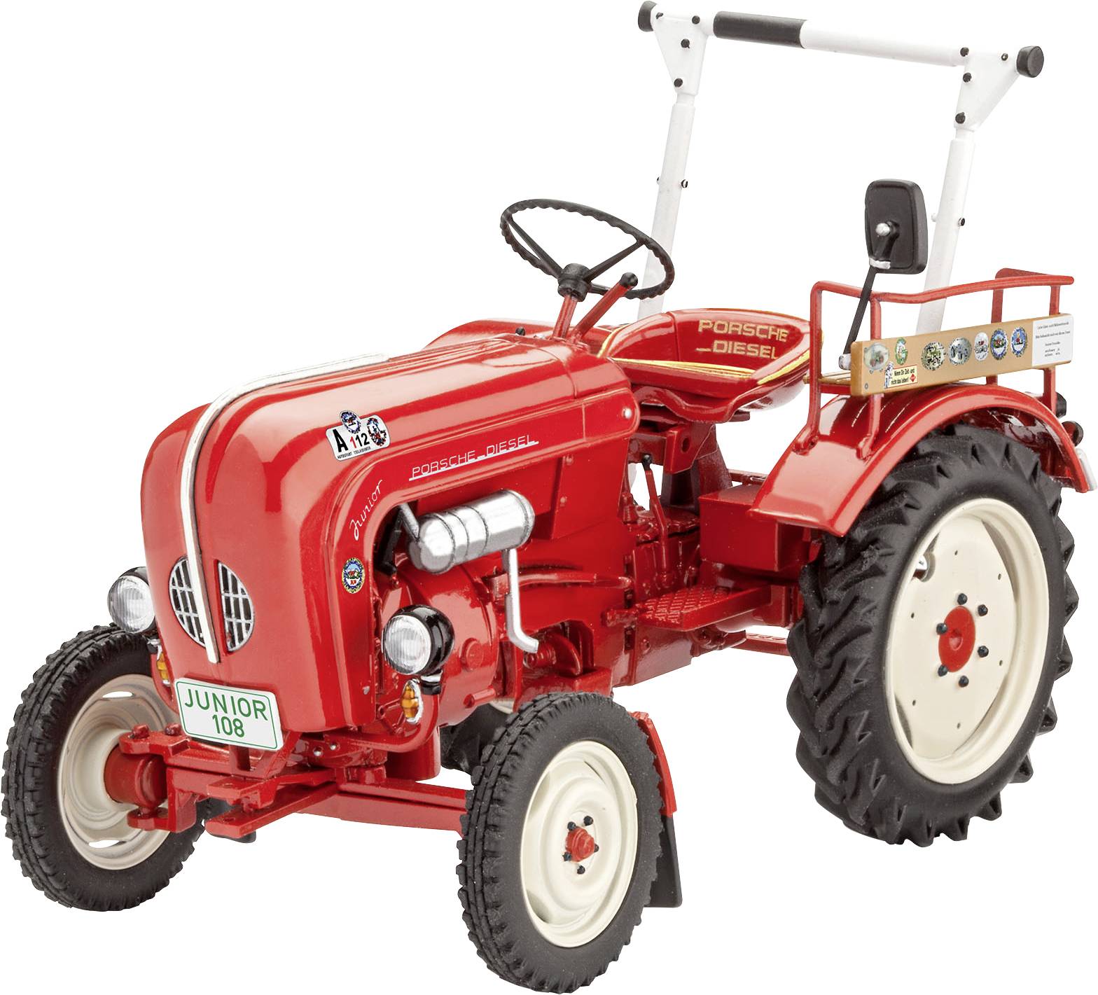 Een rode Porsche-dieseltractor, model Junior 108, met witte velgen en zwarte banden.